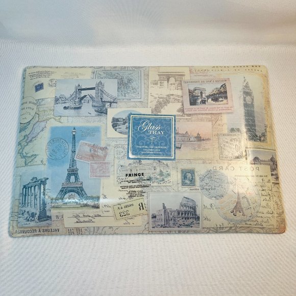 Vintage Postcard Photo Glass Tray Reverse Decorated Italy France Fringe 12” - Picture 7 of 9
